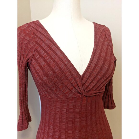 Vintage Y2K Red Ribbed Babydoll Top 3/4 Sleeve V Neck Burgundy Heather Sz S - Picture 3 of 8